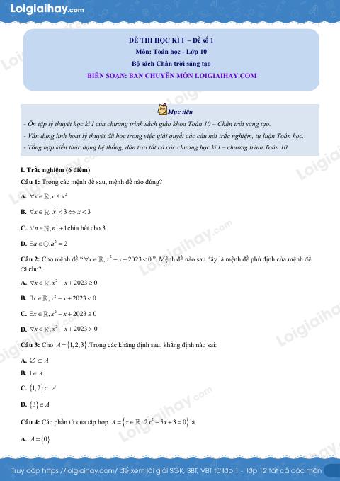 Đề thi học kì 1 Toán 10 Chân trời sáng tạo - Đề số 1